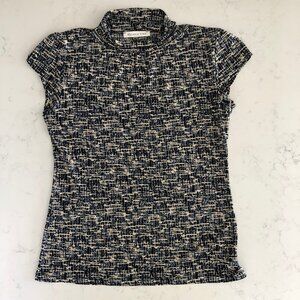 Melanie Lyne Cap Sleeve Faux Turtleneck Poly Abstract Print Top Navy Cream Sz L